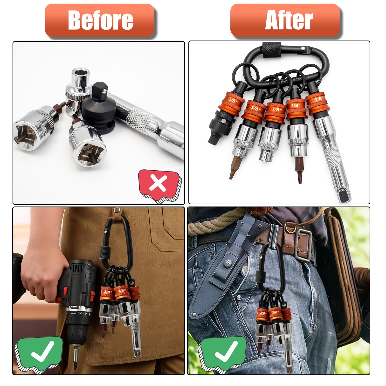 5 portachiavi a bussola da 3/8", design a sgancio rapido con moschettone, accessori per avvitatori edili, lineari, meccanici e falegnami