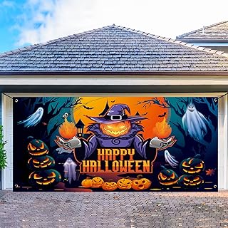 Trgowaul Happy Halloween Decorations, Happy Halloween Garage Door Decorations, Large Halloween Pumpkin Ghost Banner Backdrop, Halloween Outdoor Party Supply Photography Background Sign Poster 6x13ft