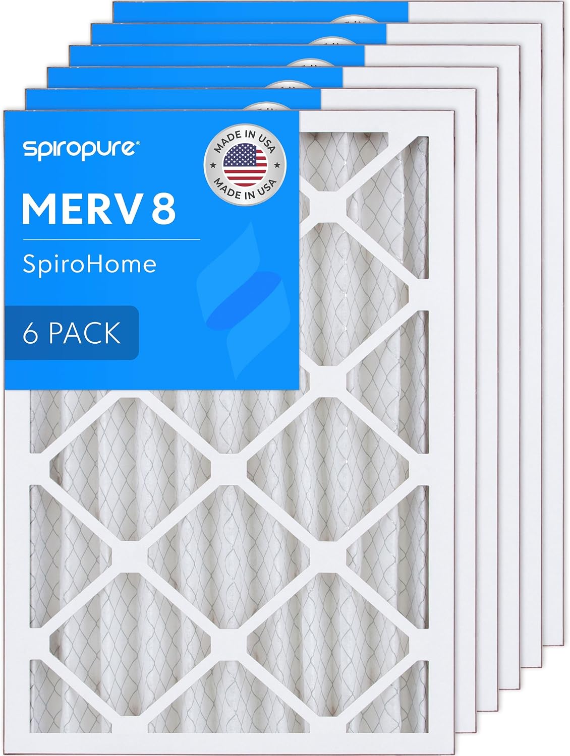 SpiroPure 14X20X2 MERV 8 Pleated Air Filters - Made in USA (6 Pack)