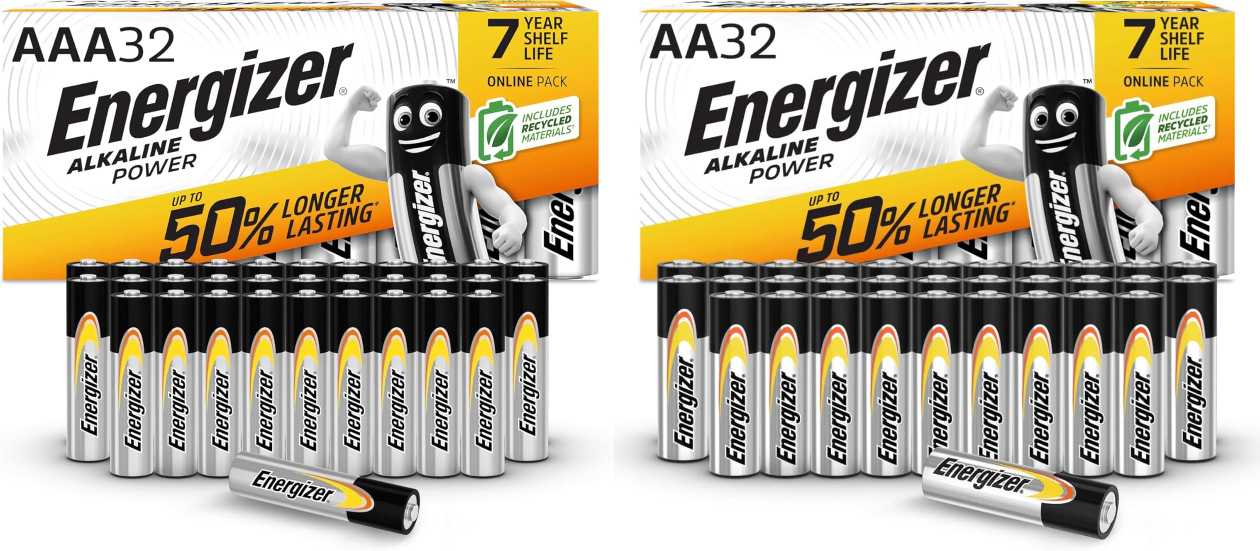 Energizer Alkaline Power - Piles AA + AAA (Lot de 64) - Alcaline 1,5V - Énergie Longue durée - Idéales pour Les appareils du Quotidien - Emballage 100% Recyclable - Conservation 7 Ans