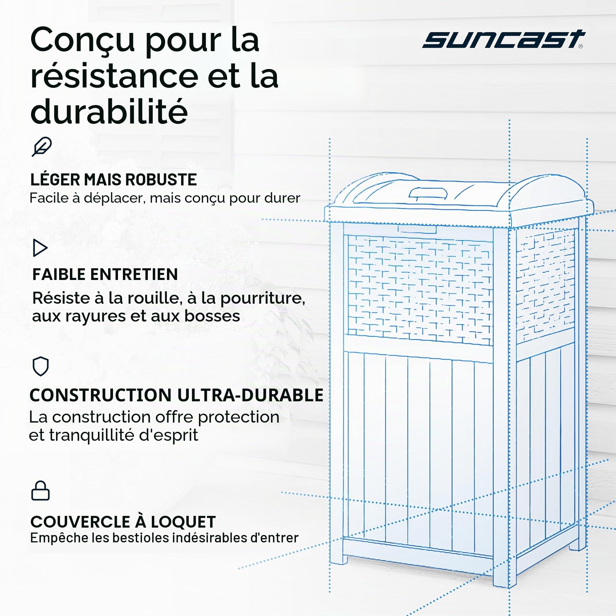 Suncast Poubelle cachée de style osier avec couvercle à verrouillage sécurisé et construction résistante aux intempéries pour terrasse, fabriquée aux États-Unis, 125 L, gris (Cyberspace Grey)