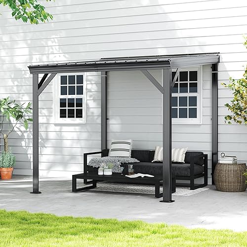 Domi 8' x 8' Lean to Gazebo with Upgraded Drainage System, Wall Mounted Gazebo Hardtop Galvanized Steel Sloping Roof for Patio Deck Backyard Lawn Party（Gray）