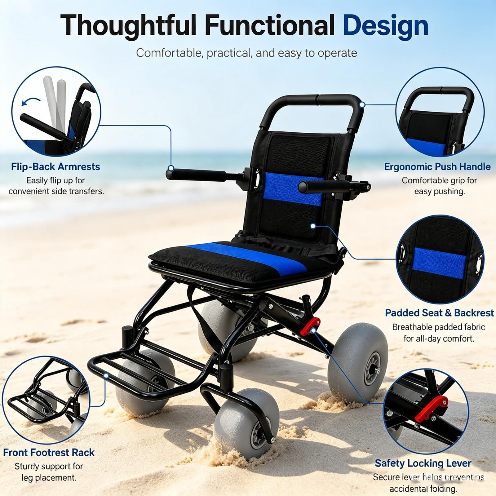 Silla Playa Plegable Ligera Con Ruedas, Andador De Playa Todoterreno, | Impermeable, Para Acceso A Playa, Césped, Grava Y Agua, Transporte De Viaje Para Personas Mayores