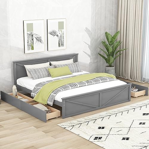 HYC Cama de plataforma tamaño King de estilo moderno con cuatro cajones de almacenamiento cabecera marco de cama de madera patas de apoyo centrales