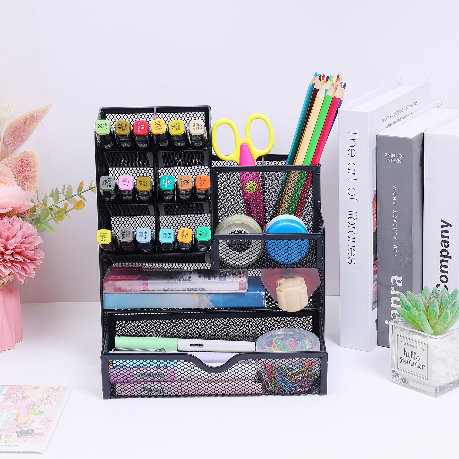 Organizzatore portapenne a rete con cassetto, portamatite multifunzionale per scrivania, organizer da scrivania e accessori per ufficio scuola (S)