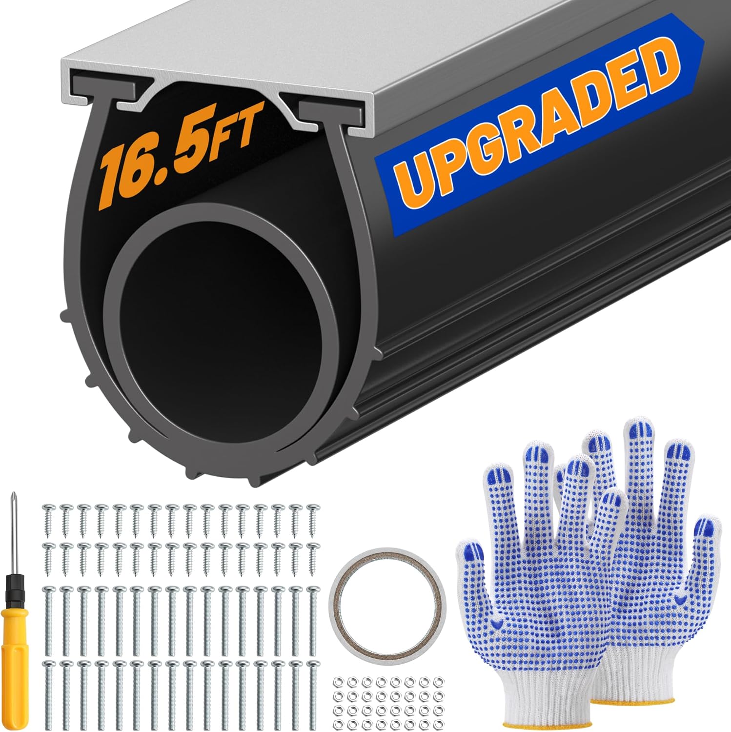 Garage Door Bottom Seal, 16.5FT Heavy-Duty Garage Door Seal with Aluminum Track Retainer Kit, Durable Universal U+O Ring Weather Stripping Rubber Simple Installation Black