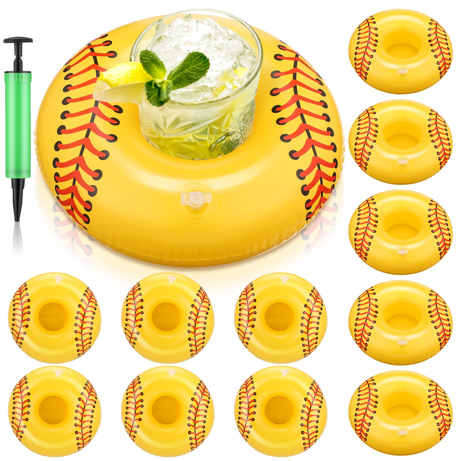 ShinyRelief 12 Pieces Inflatable Softball Drink Floats Team Gift Reusable Pool Drink Holder Inflatable Float Cup Coasters Softball Decorations for Party Favor Summer Pool Hot Tubs Lakes Oceans
