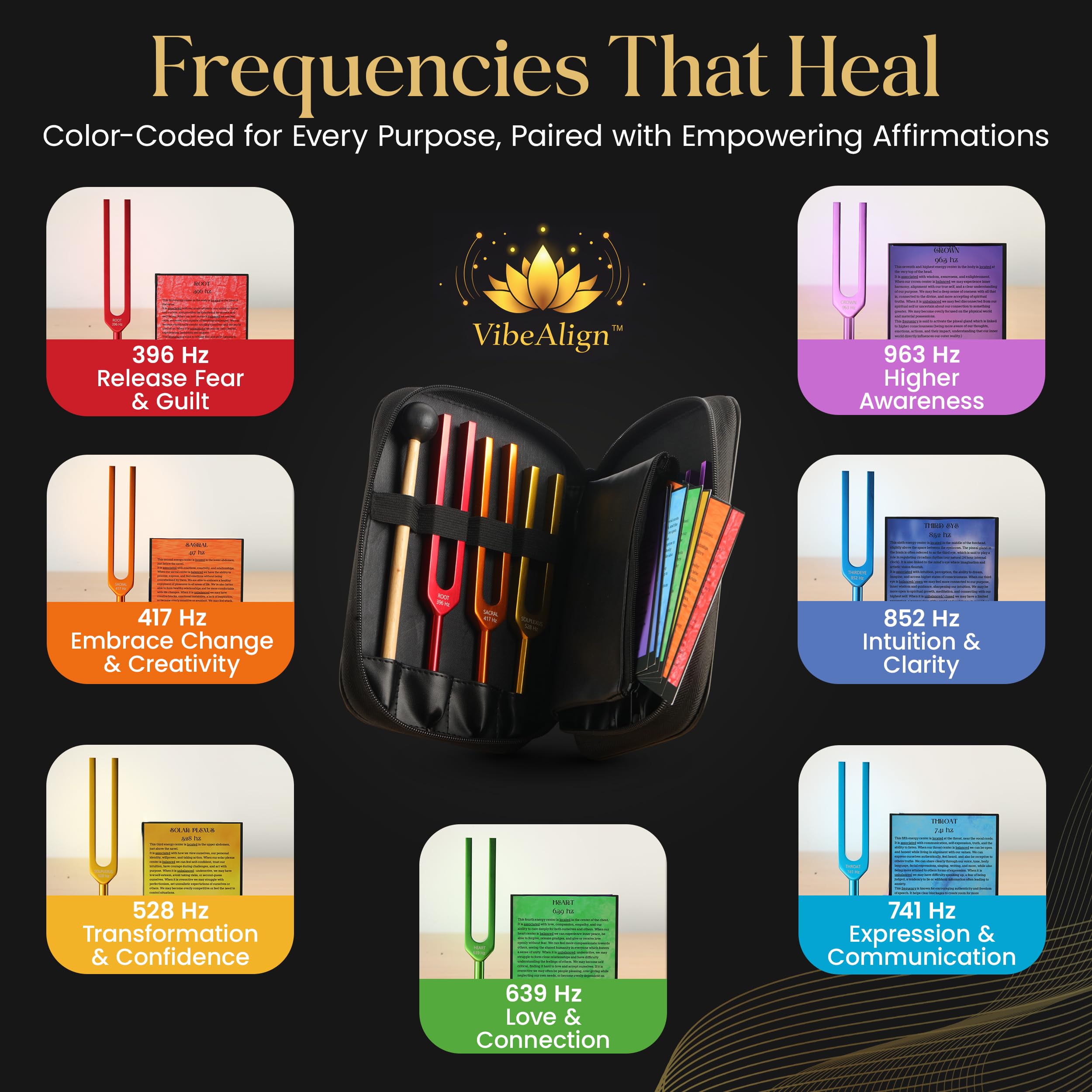 Stimmgabel-Set mit positiven Bestätigungskarten für Vibration und Frequenz Wellness, 7-teiliges Solfeggio-Frequenz-farbcodierte Klanginstrumente mit Schutzhülle, Schlägel, Tuch und Anleitung
