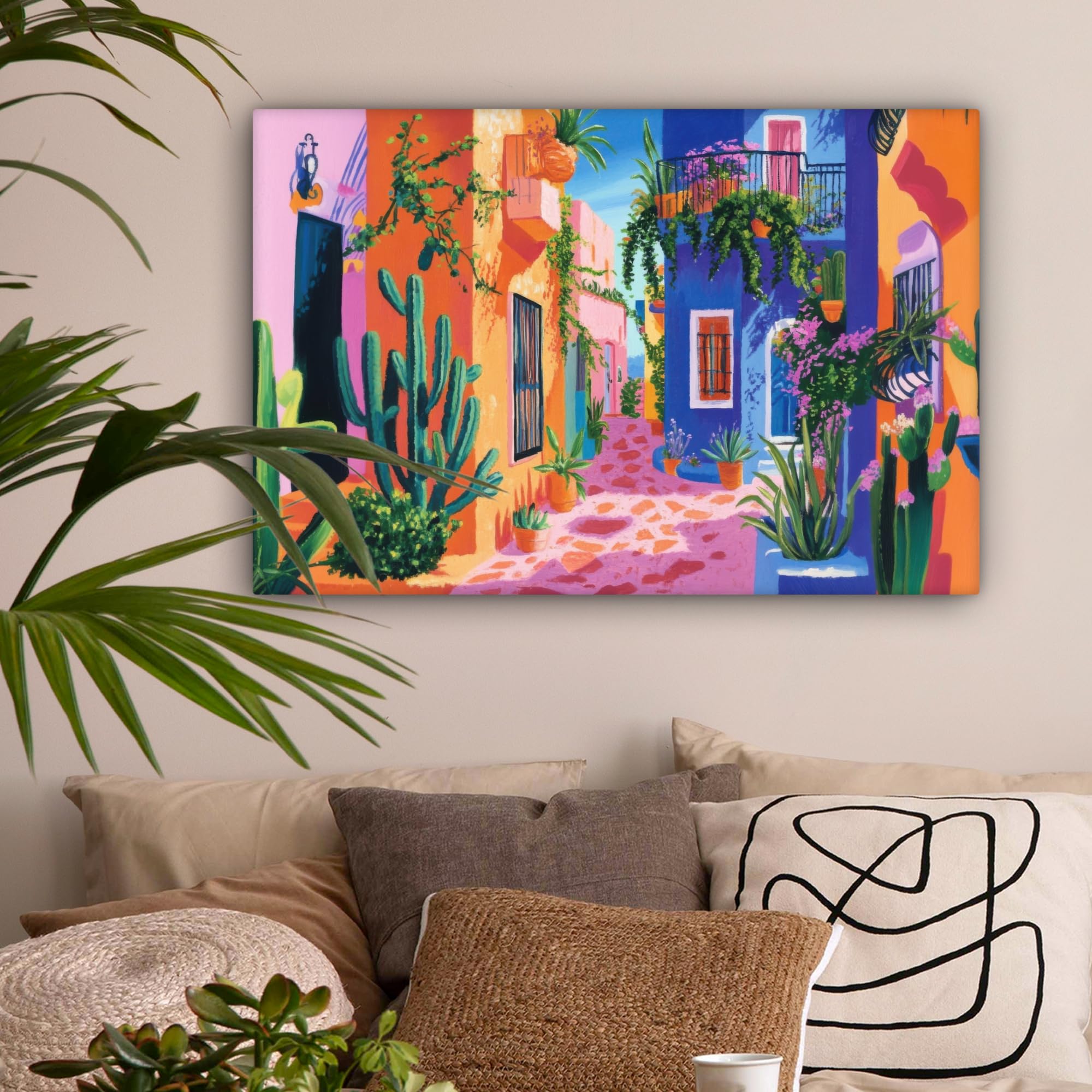 MuchoWow© Impression sur Toile Peinture 90x60 cm Tableau Mural Decoration Salon Reproductions de Tableaux Murale Moderne Jaune - Bleu - Orange - Maison