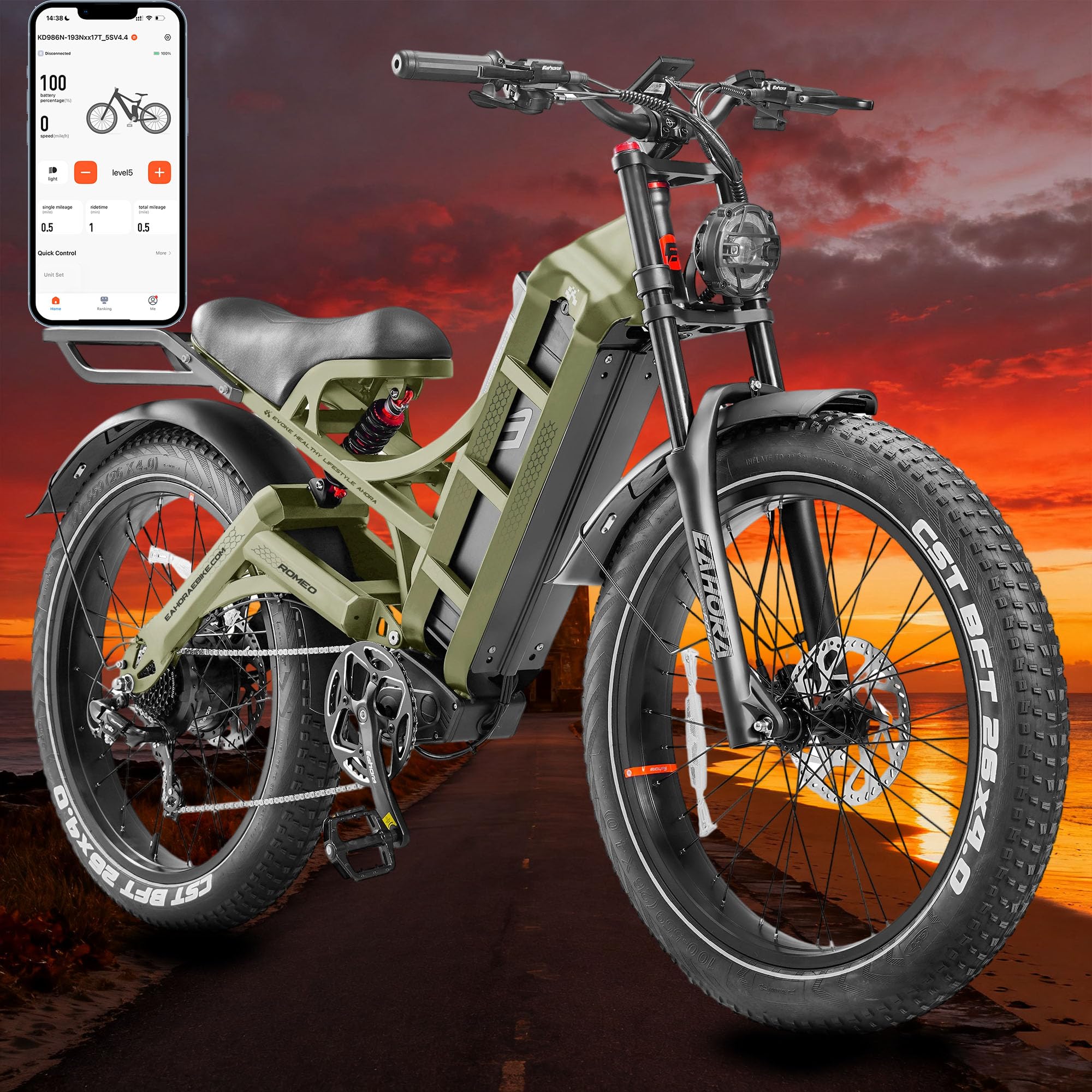 Eahora Romeo Pro 2/3 Ebike 1600W/4000W/5600W Electric Bike for Adults 34/46/50MPH 200 Miles Long Range Dual Motor 48/70/80AH Battey Electric Mountain Bike Dual Hydraulic Brakes Full Suspension EBike