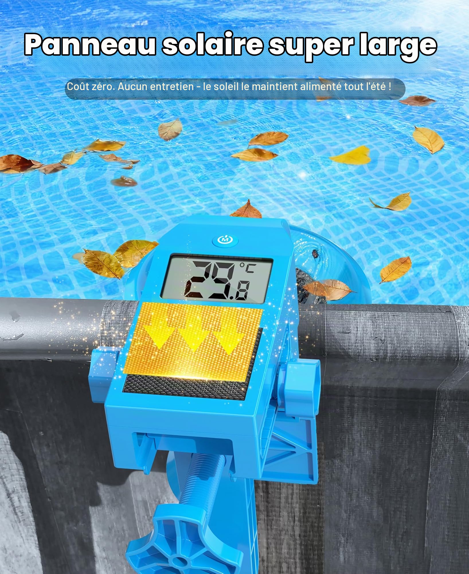 LuxBlue Skimmer Piscine Hors Sol avec Thermometre Piscine Solaire Digital, Skimmer de Surface Mural avec Support Réglable,Ecumoire Piscines Haute Résistance,Ramassage automatique de Feuilles et Débris