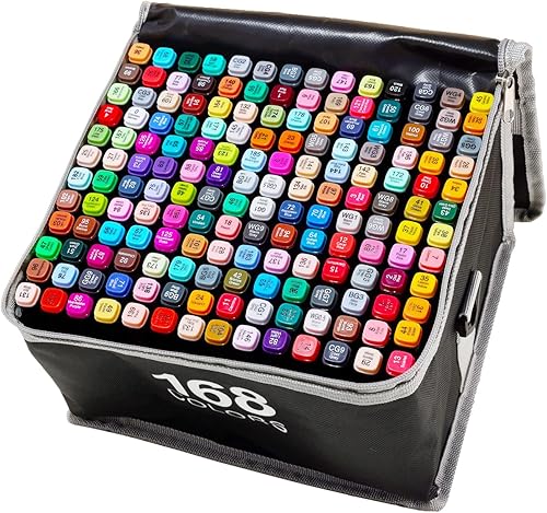 Marcadores de alcohol de 168 colores, marcadores de arte permanente de doble punta con maleta negra, para adultos, para colorear, bocetos, hacer
