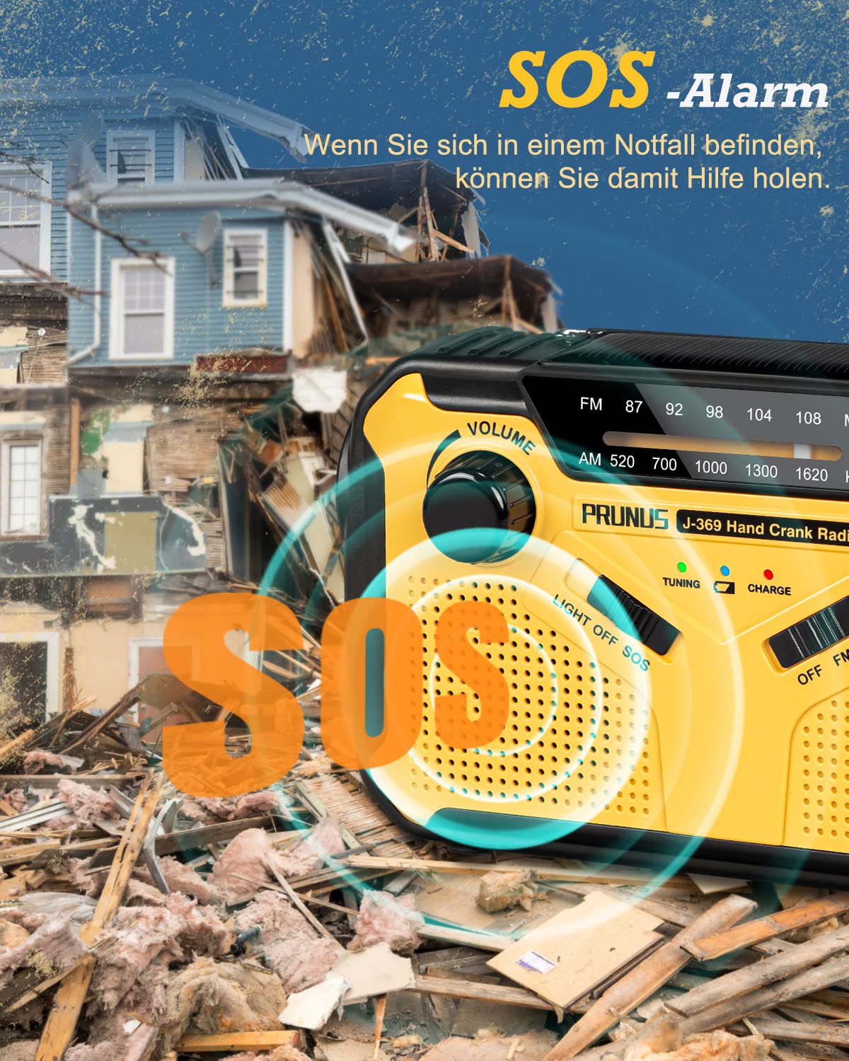 PRUNUS J-369 Solar Radio Kurbel Notfall, Kurbelradio FM/AM Radio Batteriebetrieben, Notfallradio Dynamo Radio mit 3000mAh Power Bank/SOS Alarm/Taschenlampe&Leselampe für Camping, Ourdoor, Notfall.