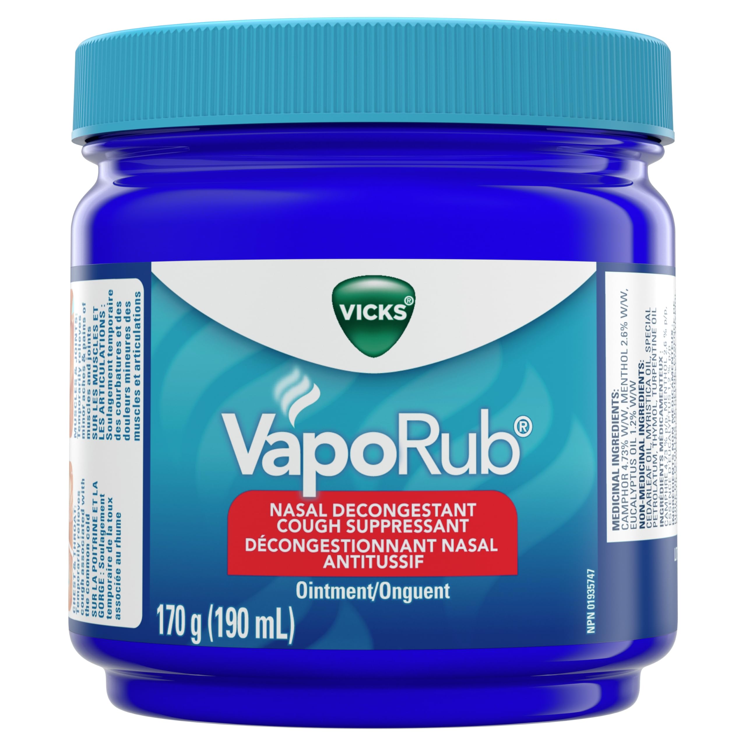 Vicks VapoRub Nasal Decongestant, Cough Suppressant, Relief from Cold, Aches, & Pains, Chest Rub Ointment, Original scent, 170 g/190 mL