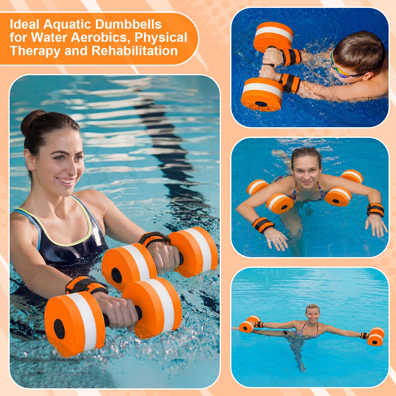 Hollowfly Ensemble de 6 équipements d'aérobic aquatique pour piscine - 2 haltères aquatiques, 2 poids réglables pour cheville/poignet, 2 gants de natation palmés, équipement d'entraînement aquatique à
