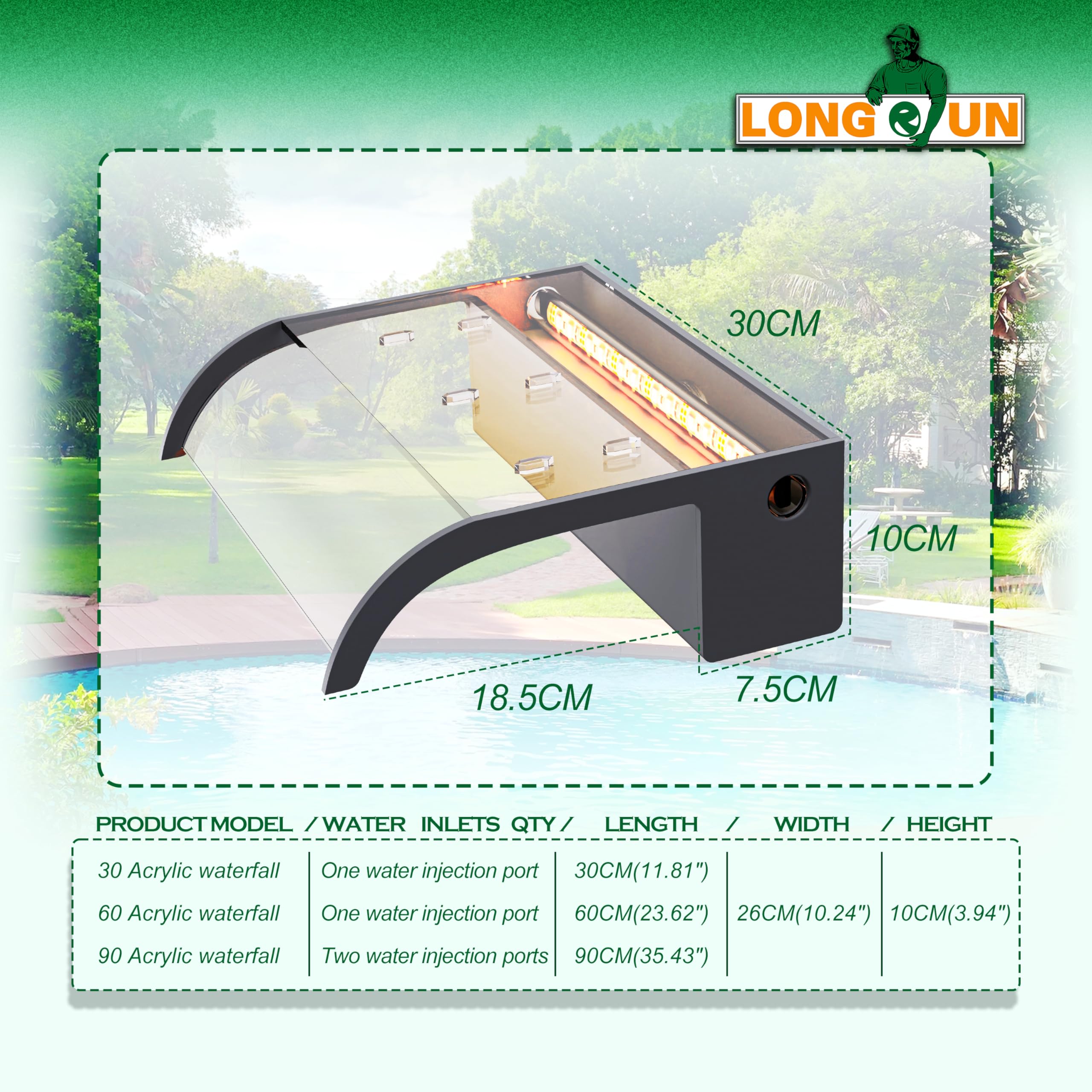 LONGRUN Kit de Cascada de Piscina de 30 cm, Fuente de Estanque de acrílico, con luz LED RGB Bluetooth, Ancho 25,5 cm