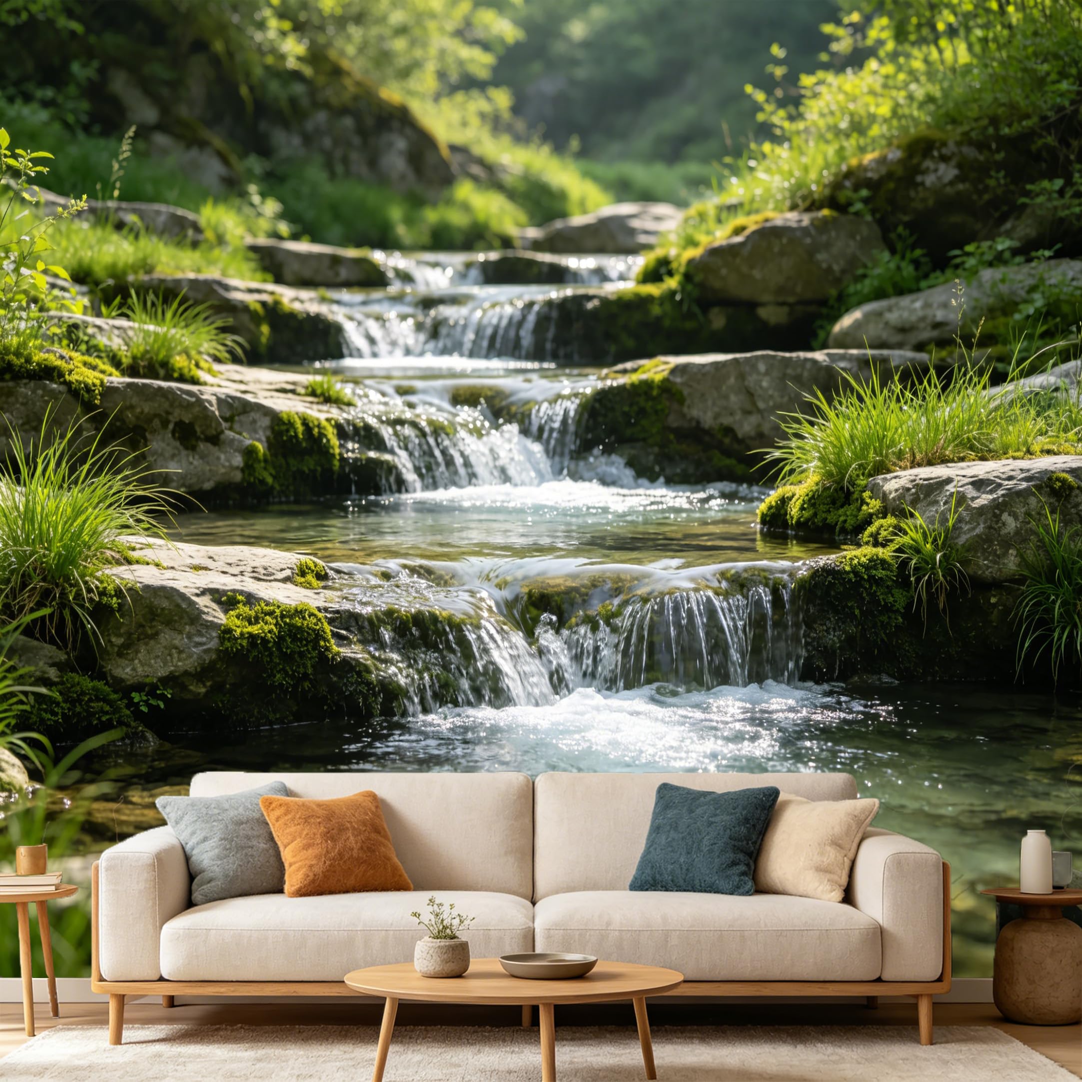 Custom Size Wall Mural Forest Mountain Stream Waterfall Landscape Nature Scenery SelfAdhesive Art Prints wall Fabric（No PVC） Removable Wallpaper Home Bedroom Decor