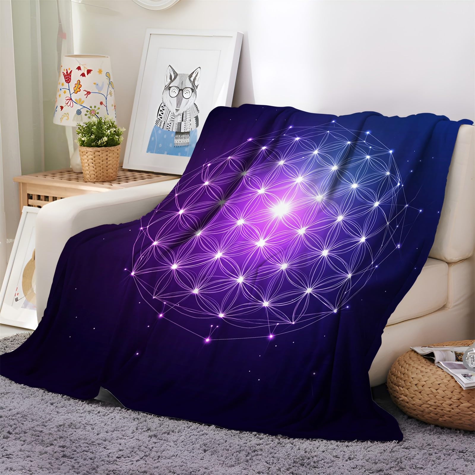 Kuscheldecke Flauschig Decke 150x200 cm Weich Warme Flanell Fleecedecke Dacke für Sofa Blume des Lebens Lila, Bettüberwurf Couchdecke Sofadecke Wohndecke Tagesdecke