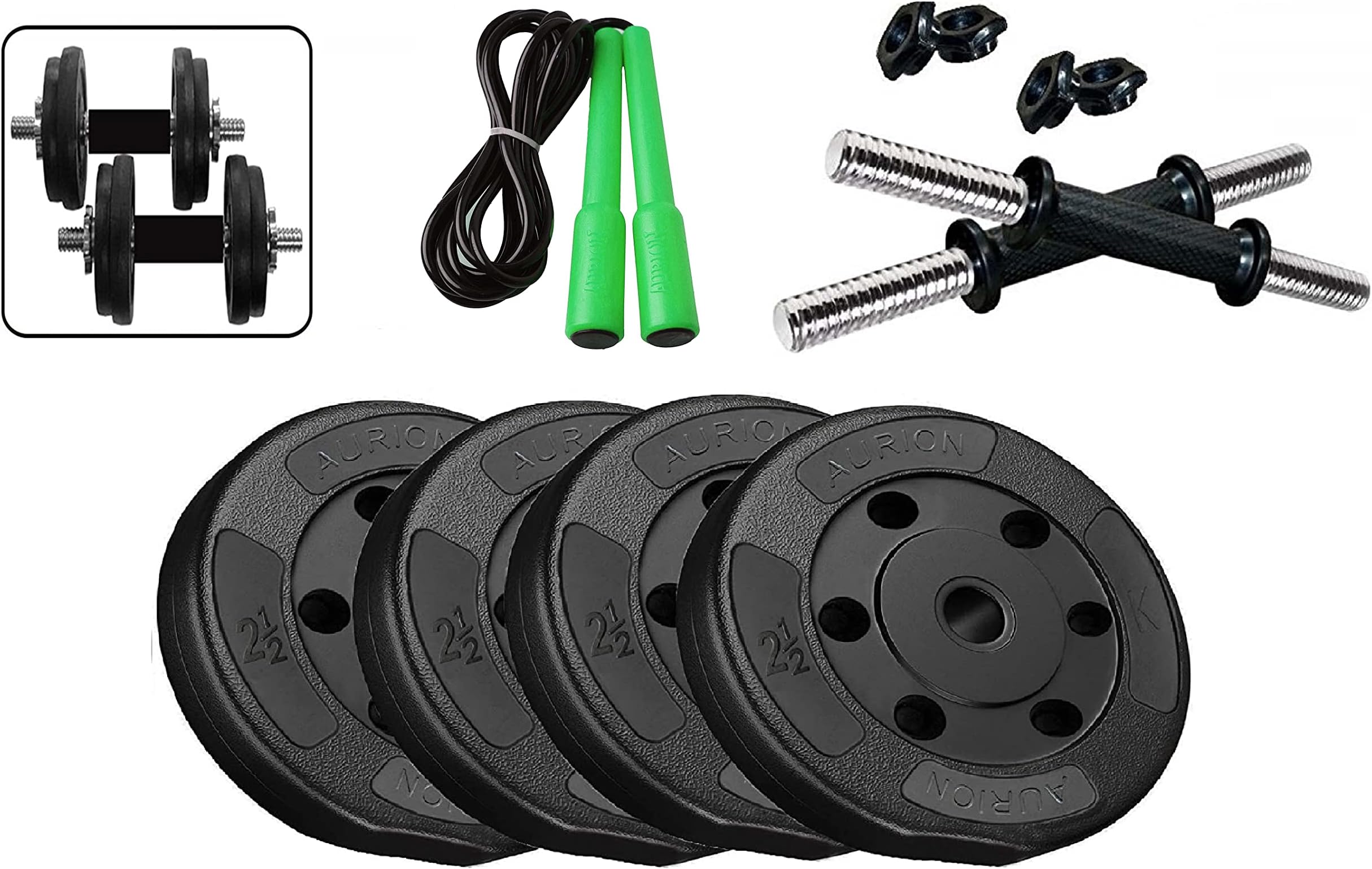 Aurion 10 Kg Dumbbell Set Combo Offer Glove+Rope(Black:Chrome)