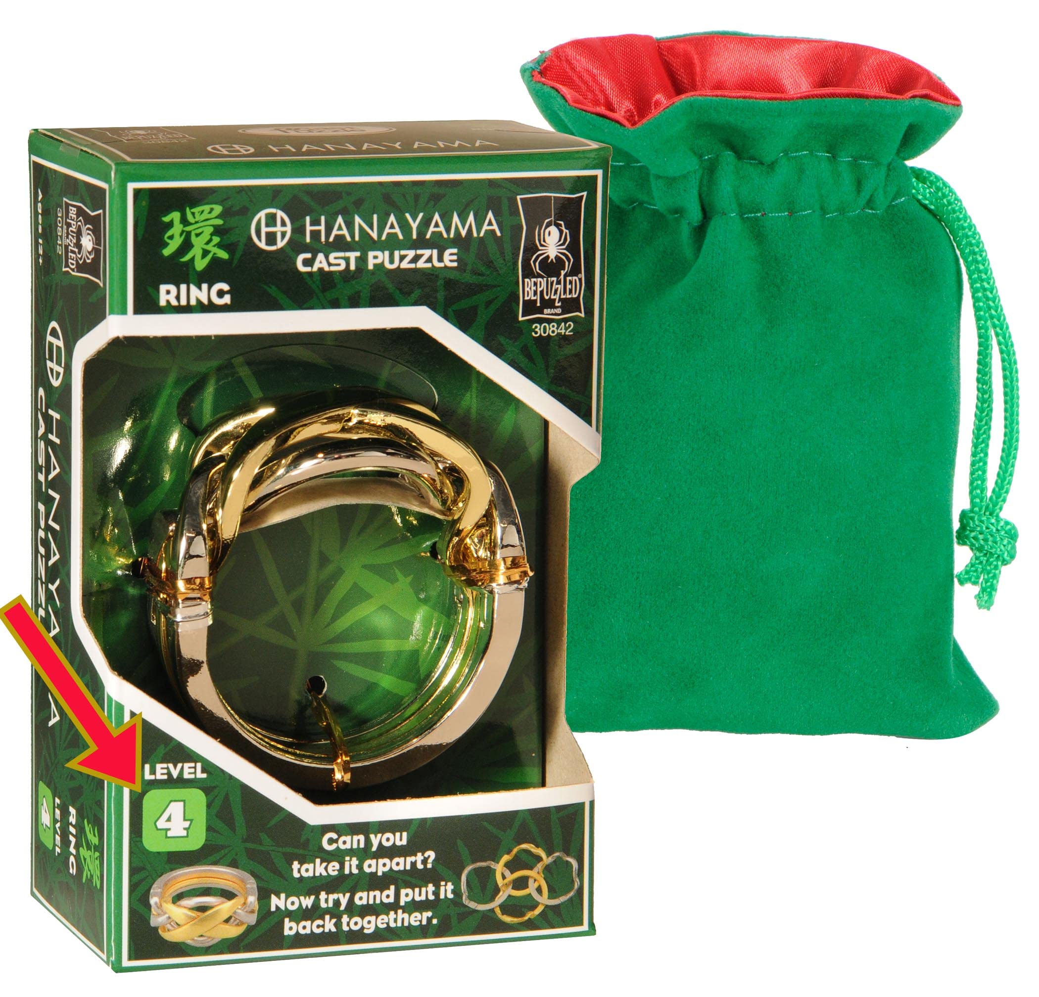RING Hanayama Metal Brain Teaser Puzzle, Level 4 Difficulty, with Green Velveteen/Red Satin Lined Drawstring Pouch. (NOT finger Jewelry)
