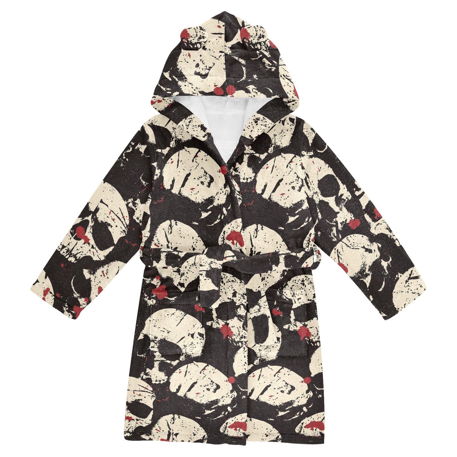 WIFIU Toddler Baby Hooded Bathrobe for Boys Girls Sinister Skulls Printed, Soft Plush Bath Towel Robe with 2 Pockets Horror for 2-3 Years