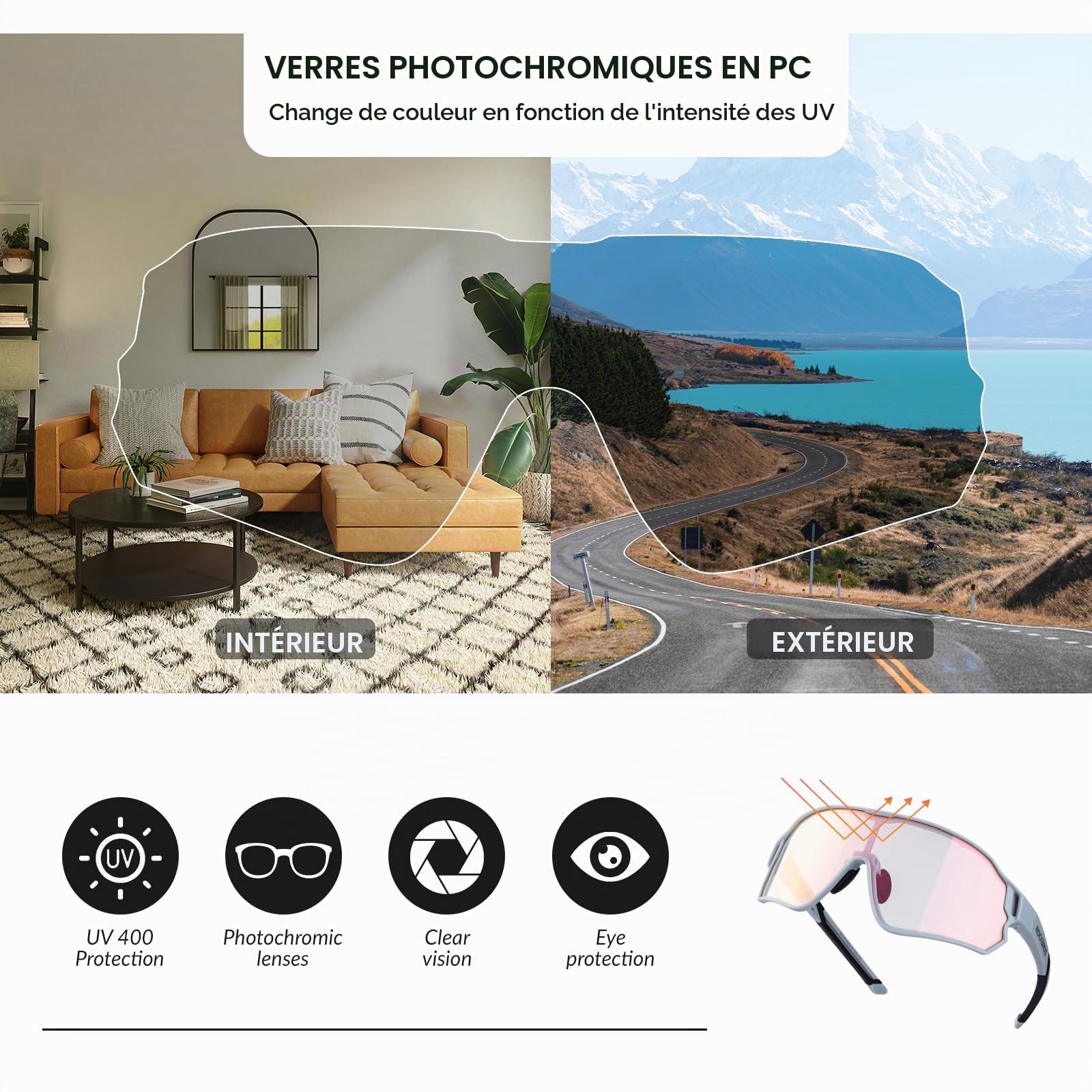ROCKBROS Lunettes Vélo Hommes Photochromiques, Lunettes de Soleil Photochromiques Cyclisme Hommes Femmes Transparantes Anti-UV400 pour Sport VTT Baseball Pêche Ski Course, Noir