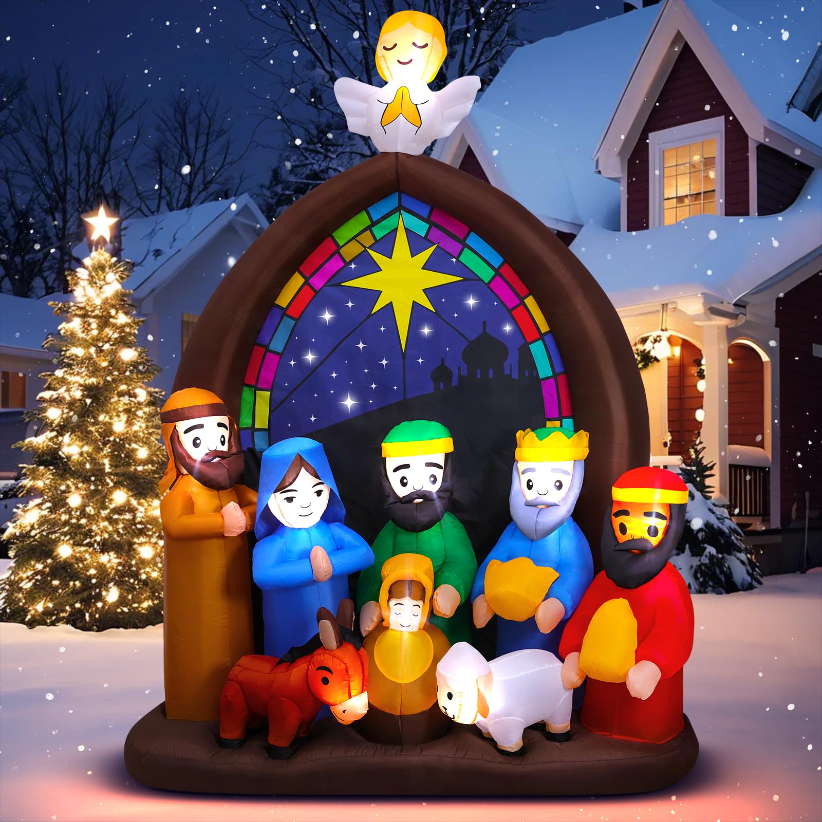 Crèche de Noël Gonflable de 2,4 m avec lumières LED, Grande crèche de Noël Gonflable Jésus pour Jardin, pelouse, église, décoration de Noël