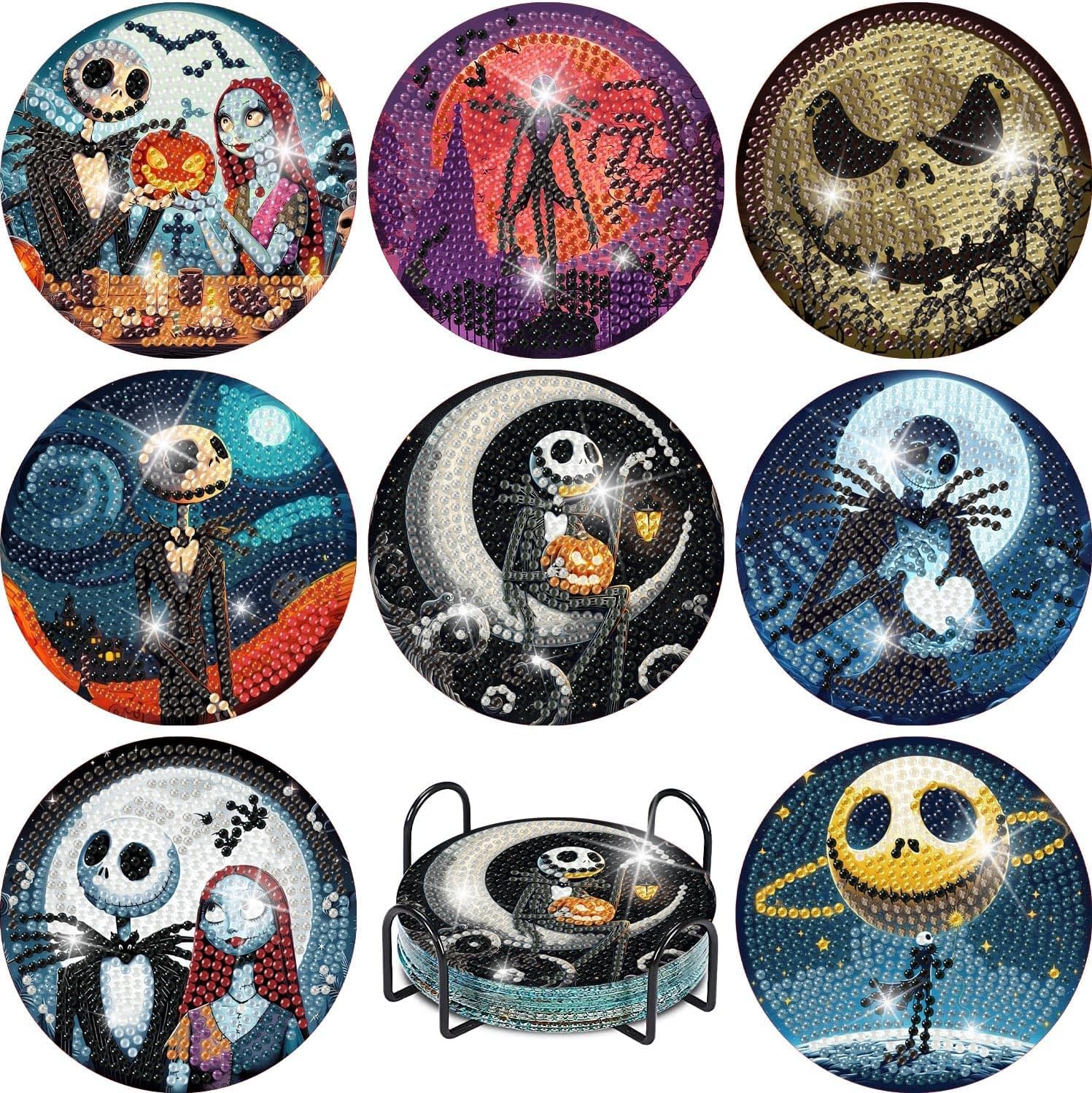 8 Pcs Halloween Diamond Painting Coasters Kits for Adults Beginners, DIY Horror Skull Diamond Art Coasters with Holder, Full Round Drill Rhinestone Painting Coaster Kits for Supplies Gifts 4X4 Inch.