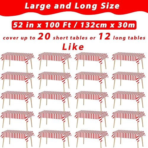 Miniatura 2 de Rollo de mantel a rayas rojas y blancas de 52 pulgadas x 100 pies con cortador de diapositivas, suministros de fiesta de carnaval de circo, Rayas