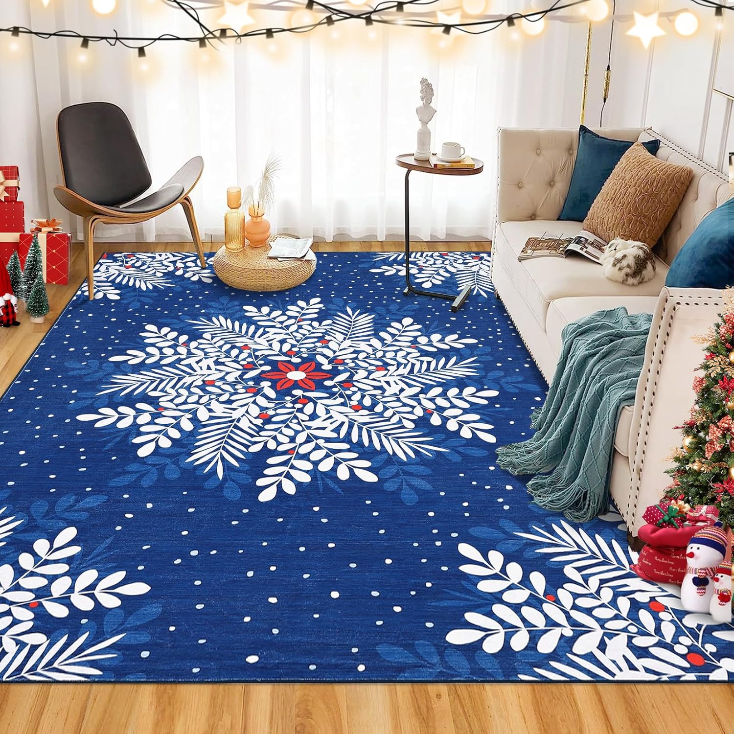 Christmas Snowflake Area Rug,4x6 Rug Washable Non Slip,Christmas Rugs for Living Room, Low Pile Throw Rug Carpet for Nursery Living Room Dorm Dining Room Blue