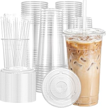 120 Pack 24oz Clear Plastic Cups with Lids and Straws, Coffee Cups