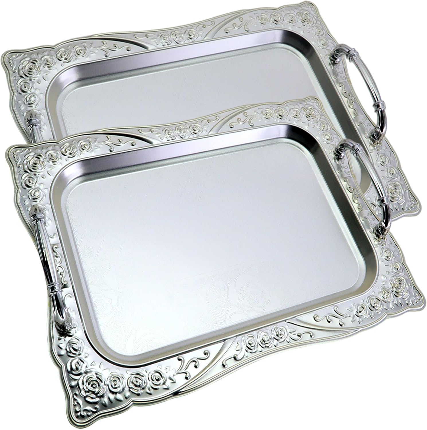 (Pack of 2) 14.2 inch x 10.2 inch Rectangular Chrome Serving Tray with Handles Vintage Floral Edge Engraved Decorative Wedding Birthday Buffet Party Wine Plate Platter Base CC-409