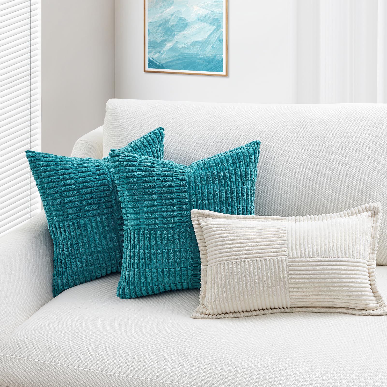Lot De 4 Housses De Coussin 40x40cm Bleu Dégradé - Velours Côtelé - Style Bohème - Décoration Maison