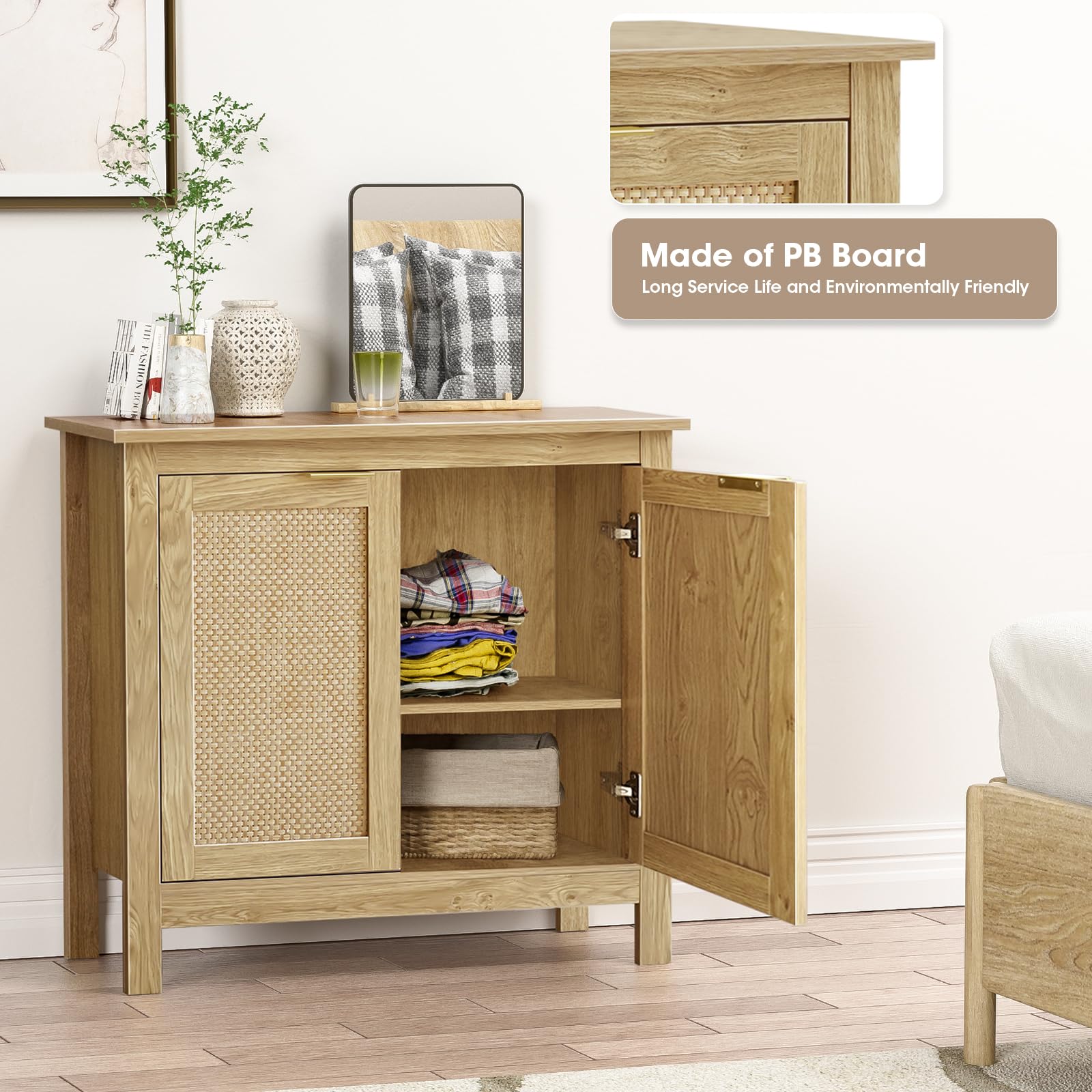 Aparador de Ratán, Armario de Cocina, Armario de Almacenamiento con Estante Ajustable, Rústico, Antivuelco, Mueble Auxiliar de Cocina para Comedor, Pasillo