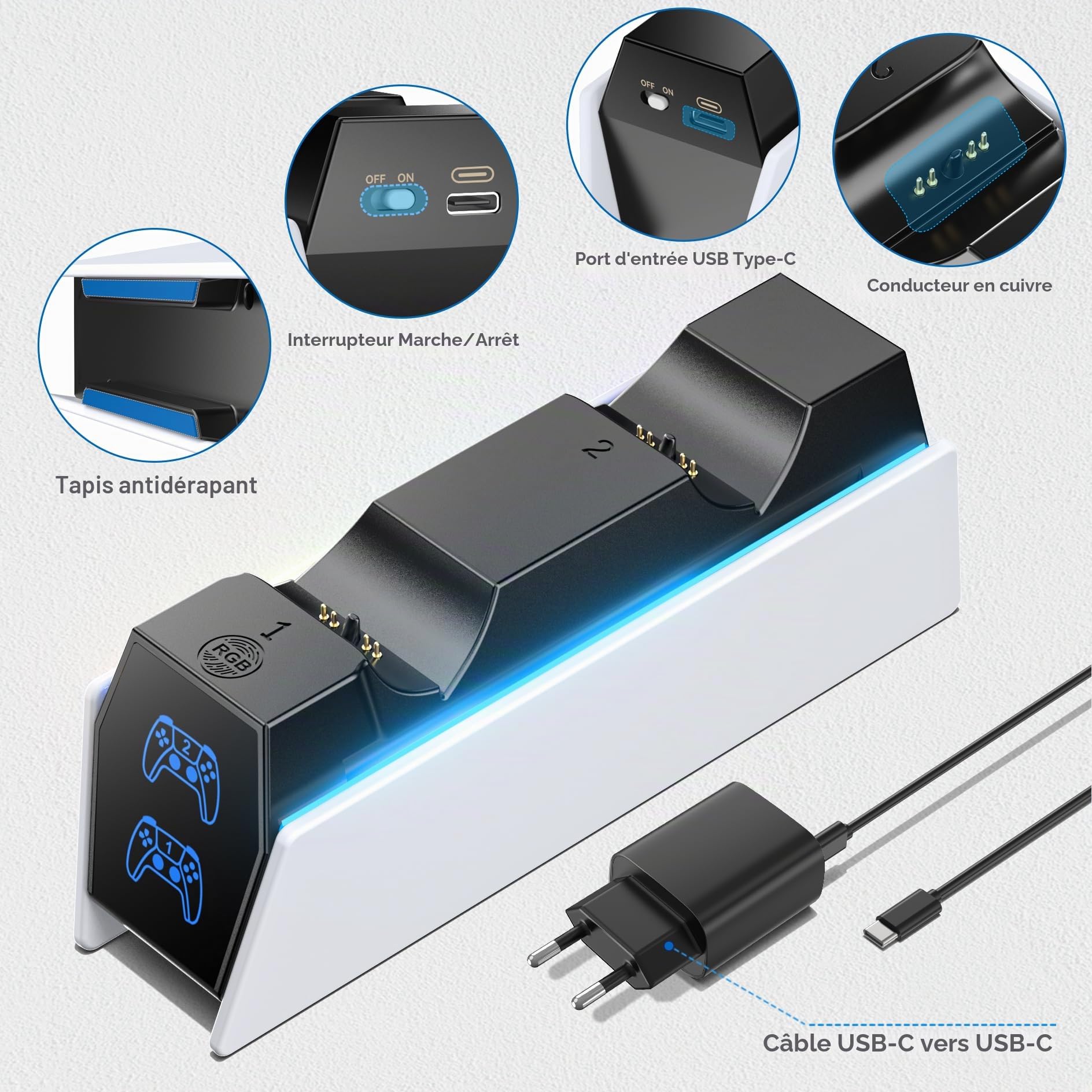 Station de Recharge PS5, Chargeur Manette PS5 pour DualSense PS5&Edge, Dock Manette PS5 avec Indicateur LED et Adapteur, Accessoire PS5 pour Scole PS5