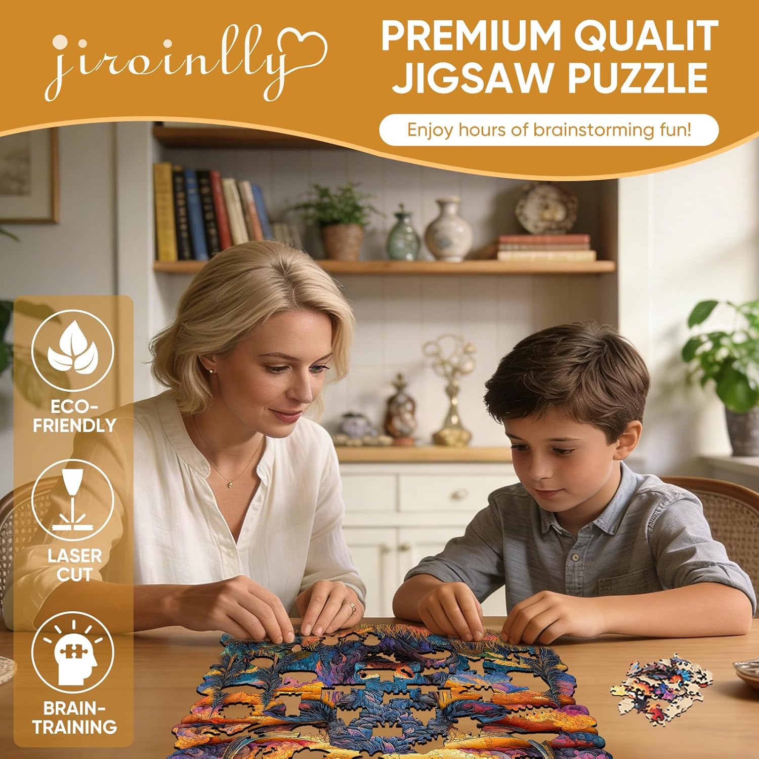 Jiroinlly Wooden Puzzles for Adults 500 Pieces, Golden Longhorn, Unique Shaped Jigsaw Puzzle, Relaxing Gift for Kids and Friends, Home Wall Decor, 16.4x16.5 in