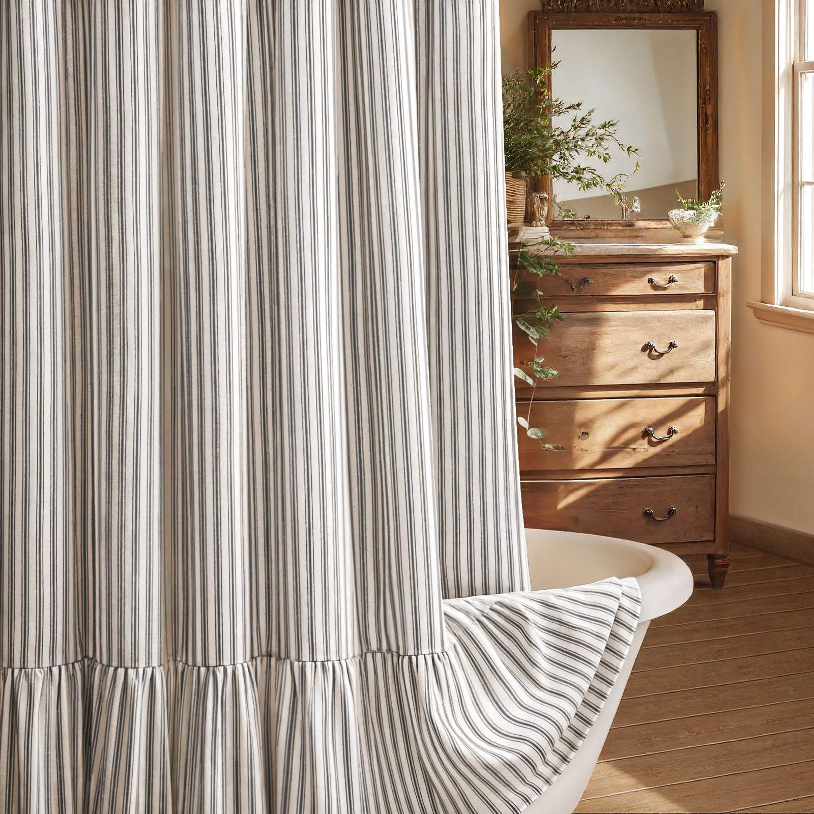 XOGUIBO Farmhouse Shower Curtain with Ruffle Hem Linen Shower Curtains for Bathroom Country Vintage Rustic Natural Fabric, Cream-Black Stripe 72" W x 75" L