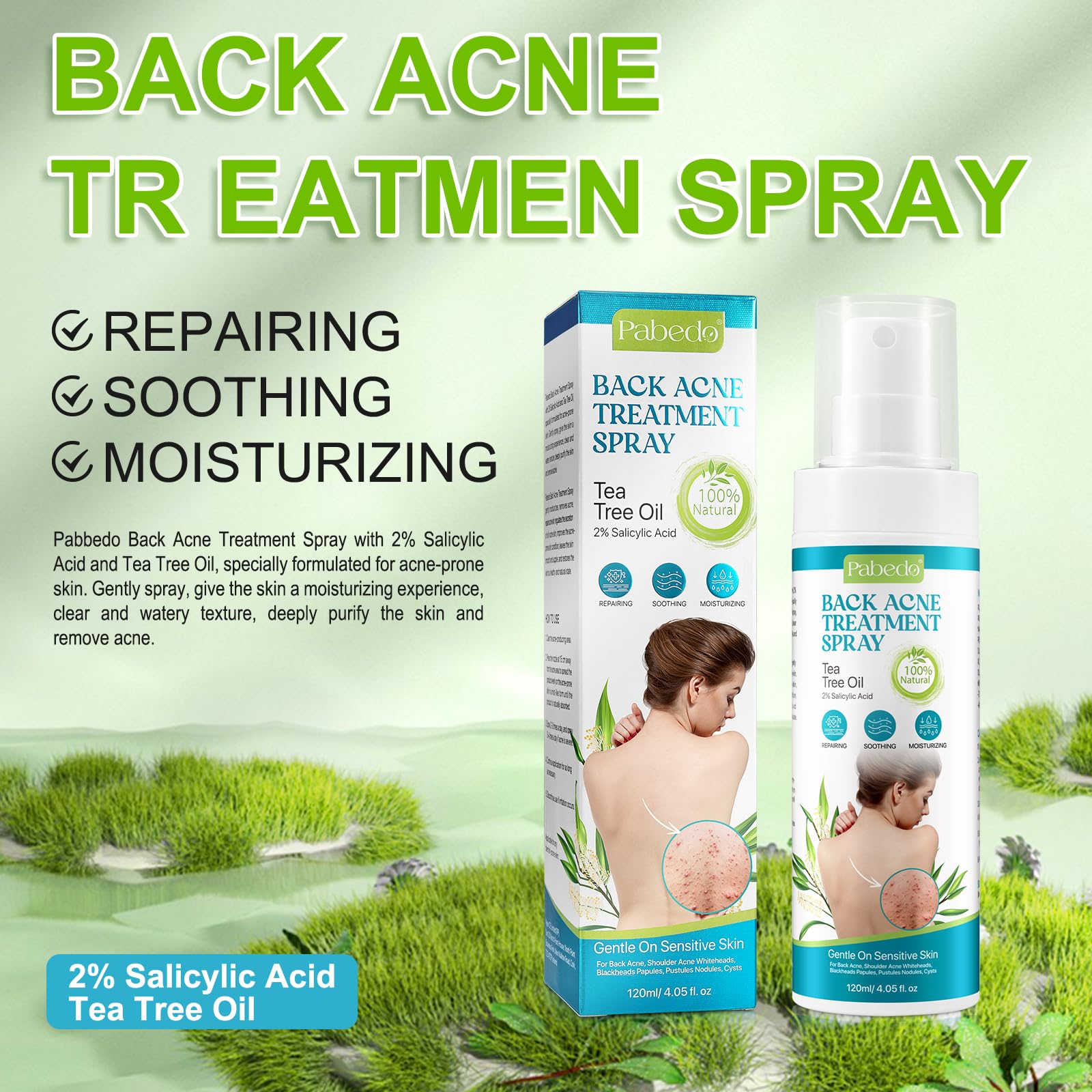 Back Acne Treatment Spray 4.04 fl oz, 2% Salicylic Acid Spray, Back Acne Spray, Tea Tree Oil Spray with Aloe Vera, Body Acne Spray, Back Acne Solution