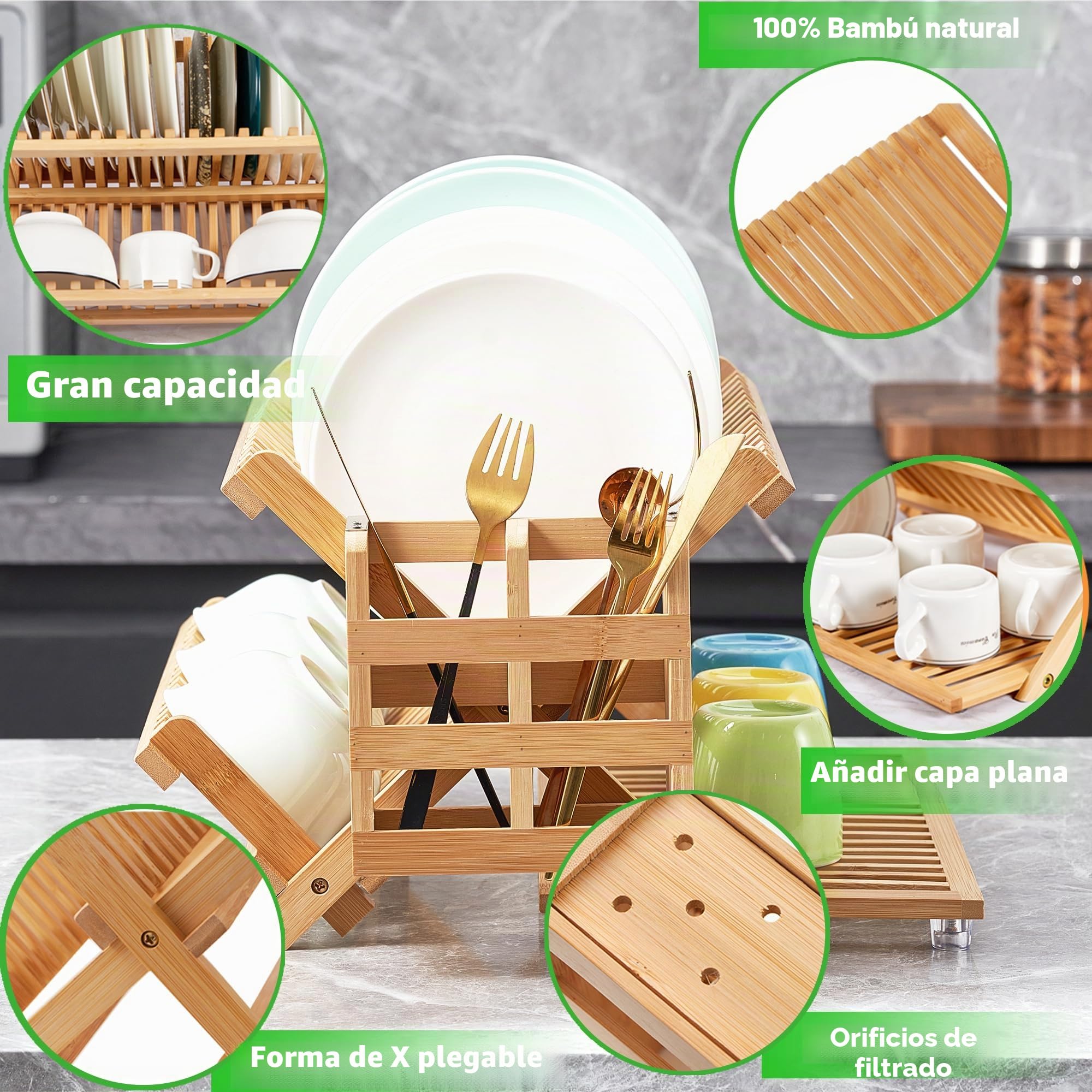 NOVAYEAH Escurridor de Platos de bambú con Soporte para Utensilios, escurridor de Platos Plegable de Madera, Soporte de Secado Plegable Grande de 3 Niveles para encimera de Cocina