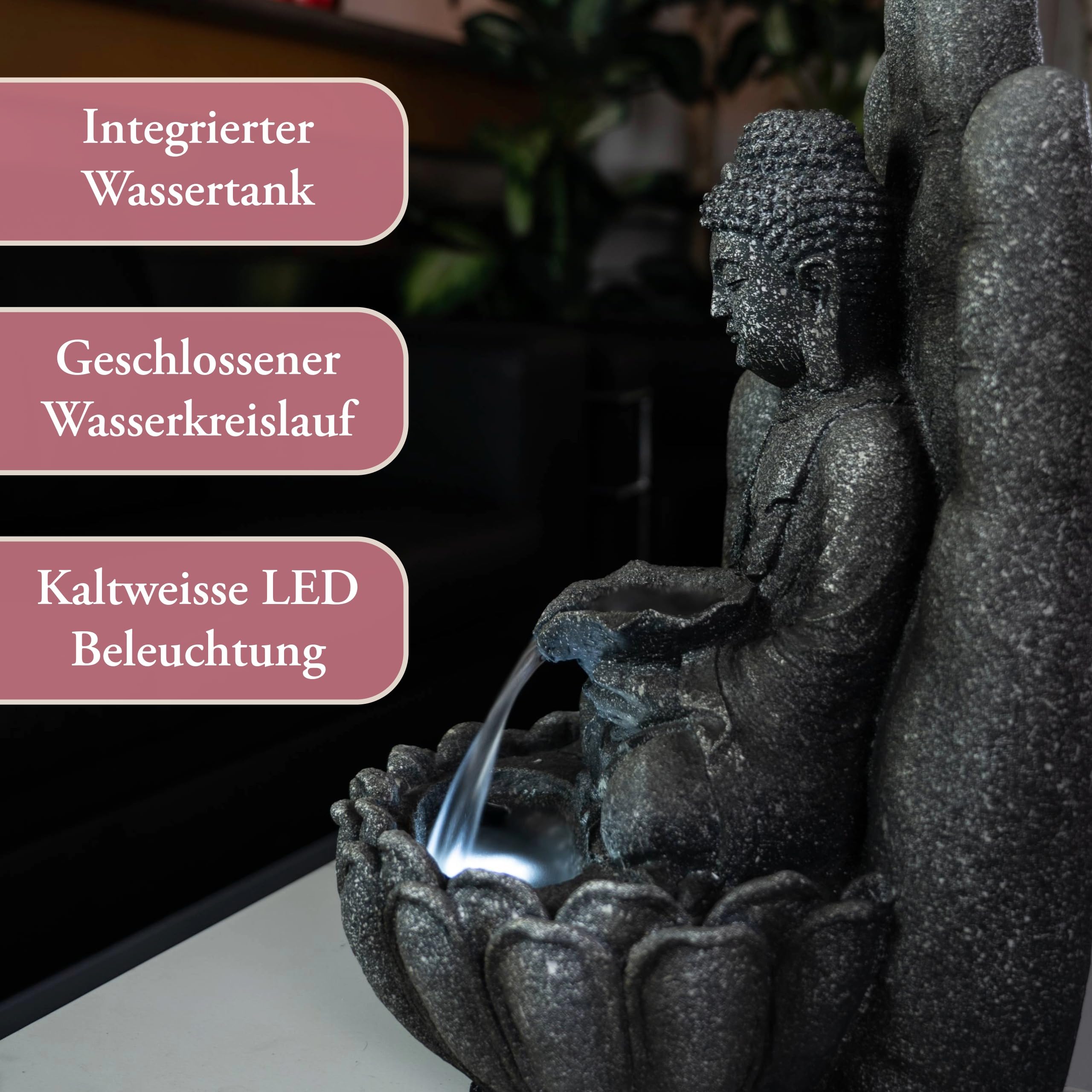 Zimmerbrunnen – Buddha mit Beleuchtung, Wasserspiel Wasserfall, Springbrunnen innen, Dekobrunnen Wohnzimmer, Kaskadenbrunnen, Zierbrunnen, Brunnen-Innenbereich, Zimmer-Brunnen Wasserfall