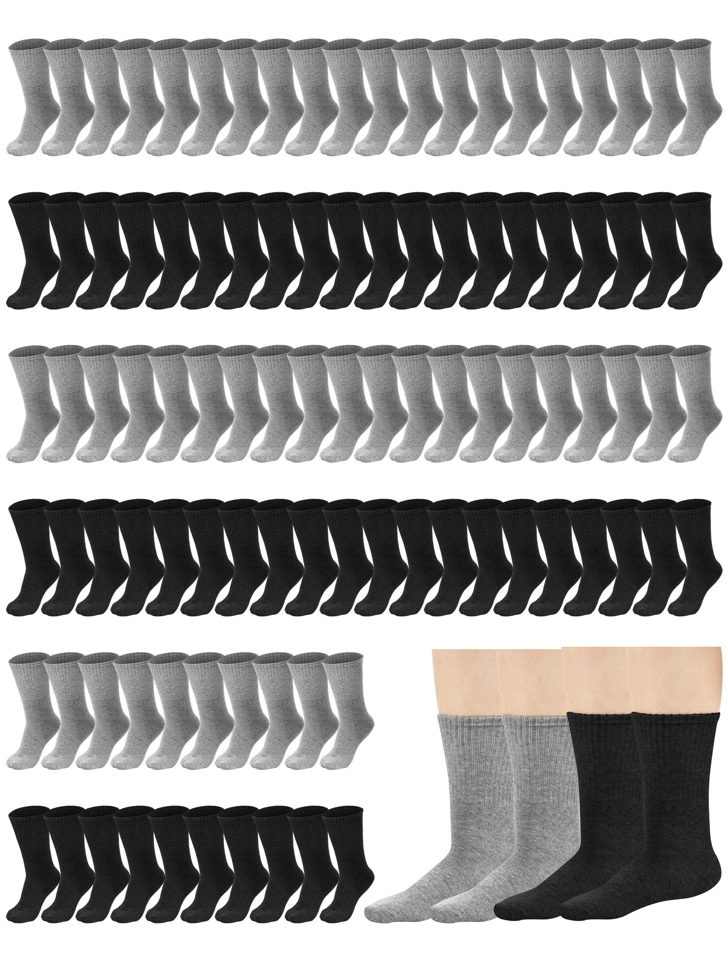 Suhine 50 Paar Homeless Crew Socken Weiche Baumwolle Feuchtigkeitstransport Socken Bulk Sport Baumwolle Unisex Dicke Tube Socken für Thanksgiving Obdachlose Männer Frau Kinder, Schwarz, Grau,