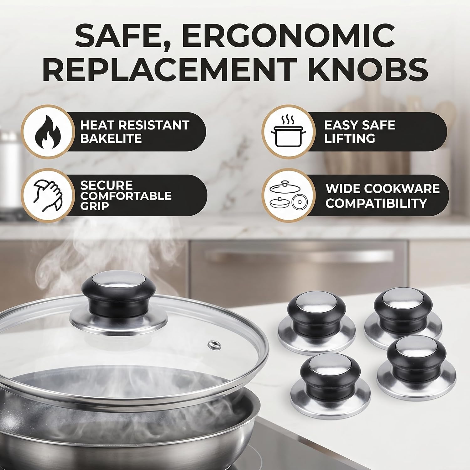 5Pcs Pot Pan Lids Knob Lifting Handle, Heat-Resistant Home Kitchen Cookware Replacement Parts, Bakelite Metal Black Silver