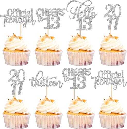 Rsstarxi Paquete de 30 adornos con purpurina para cupcakes de cumpleaños número 13 desde 2011, Hello 13 Thirteen Official Teenager Cheers to 13