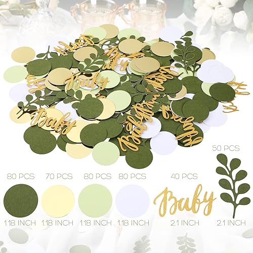 Miniatura 2 de 400 piezas de confeti verde para baby shower, confeti de mesa verde marrón y blanco, puntos de confeti con eucalipto y dorado para baby shower,