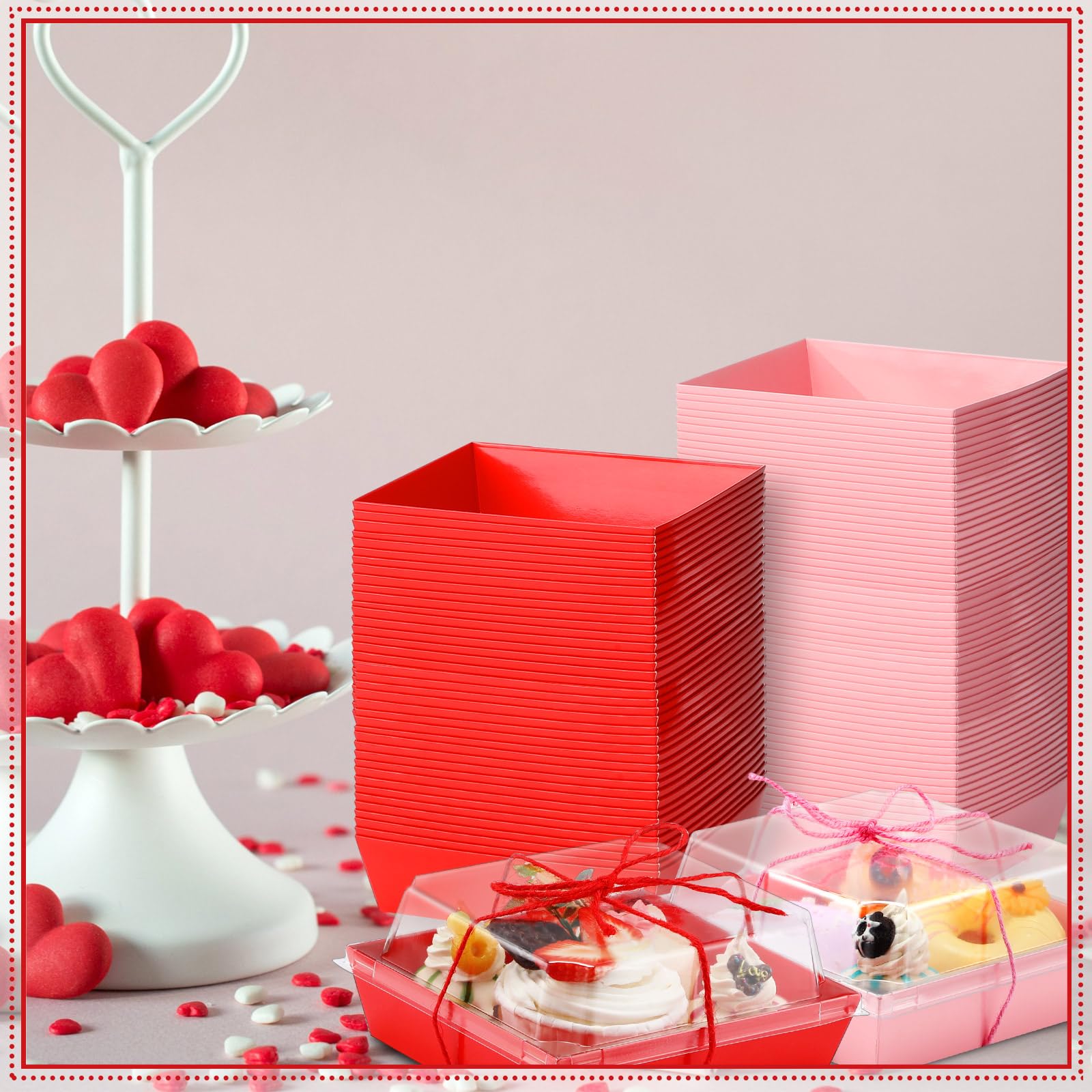 Layhit Confezione da 150 scatole per salumi di San Valentino, con coperchio trasparente e corda, 12,7 cm, quadrate, usa e getta, scatole per dessert, scatole per alimenti, biscotti, contenitori per