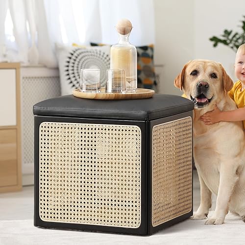 Miniatura 3 de ONEVOG Otomana de almacenamiento grande para juguetes sala de estar, puf otomano cuadrado con marco de ratán, asiento extra de piel sintética para