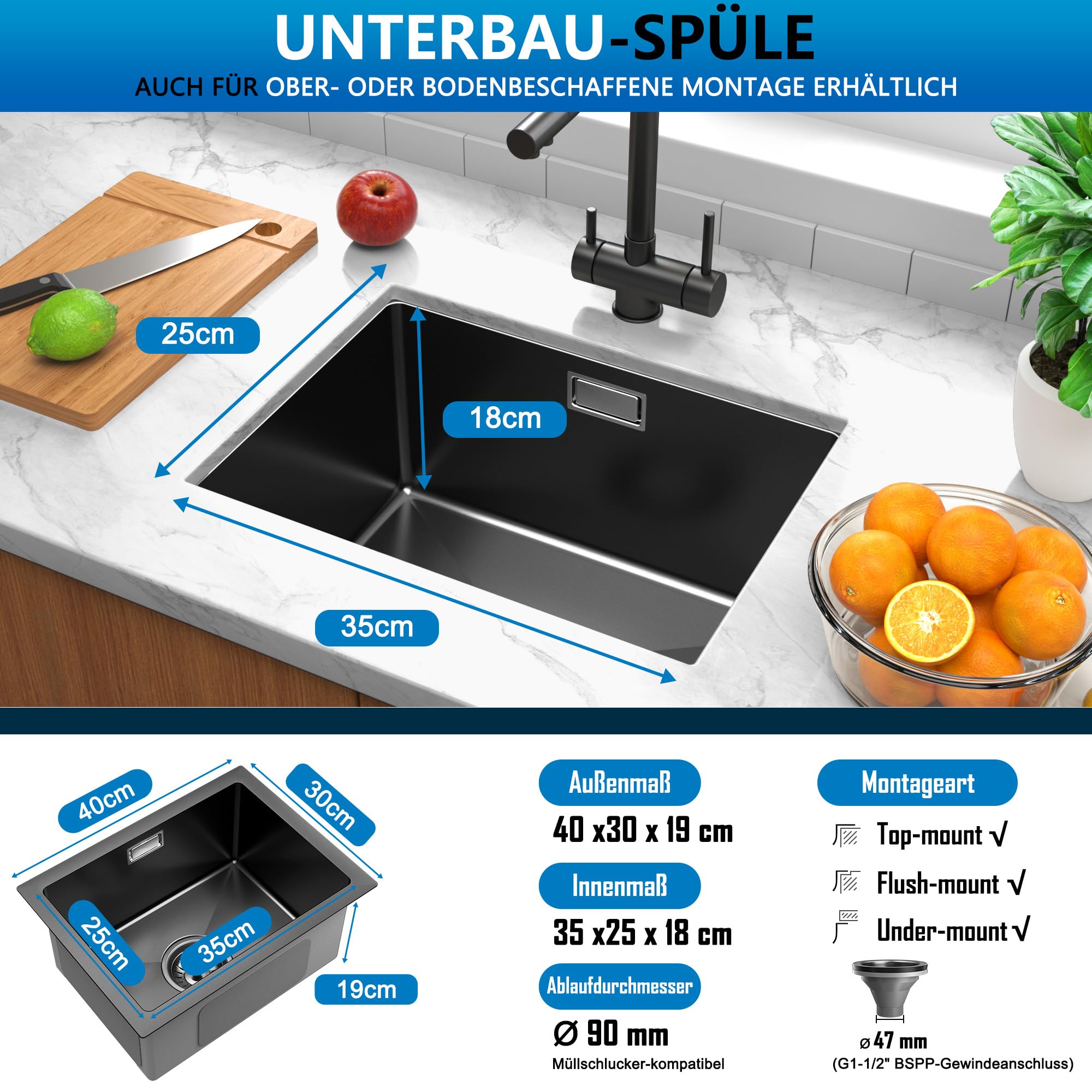 Schwarze Edelstahl Küchenspüle 40 x 30 cm, 1 Becken Spülbecken | Für Unterbau, flächenbündige oder aufliegende Montage, inklusive Ablaufgarnitur, ideal für Küche, Bar und Wohnmobil.