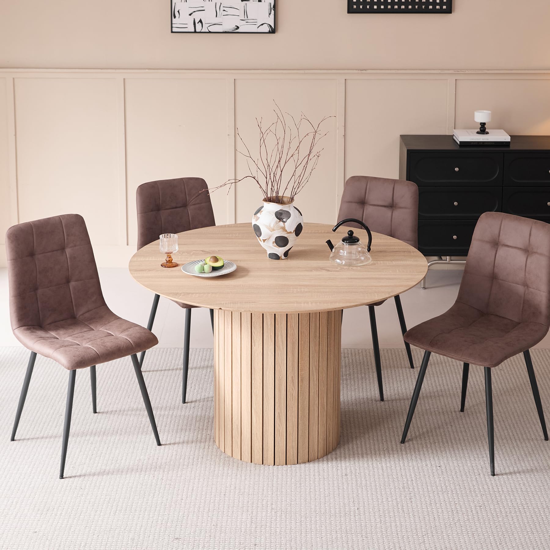 GrandCA HOME Table à Manger Ronde, Table de Cuisine Moderne 120 cm, Table de Salle à Manger avec Base Ronde en Bois, Grand Plateau en MDF pour 4 à 6 Personnes, Marron Clair