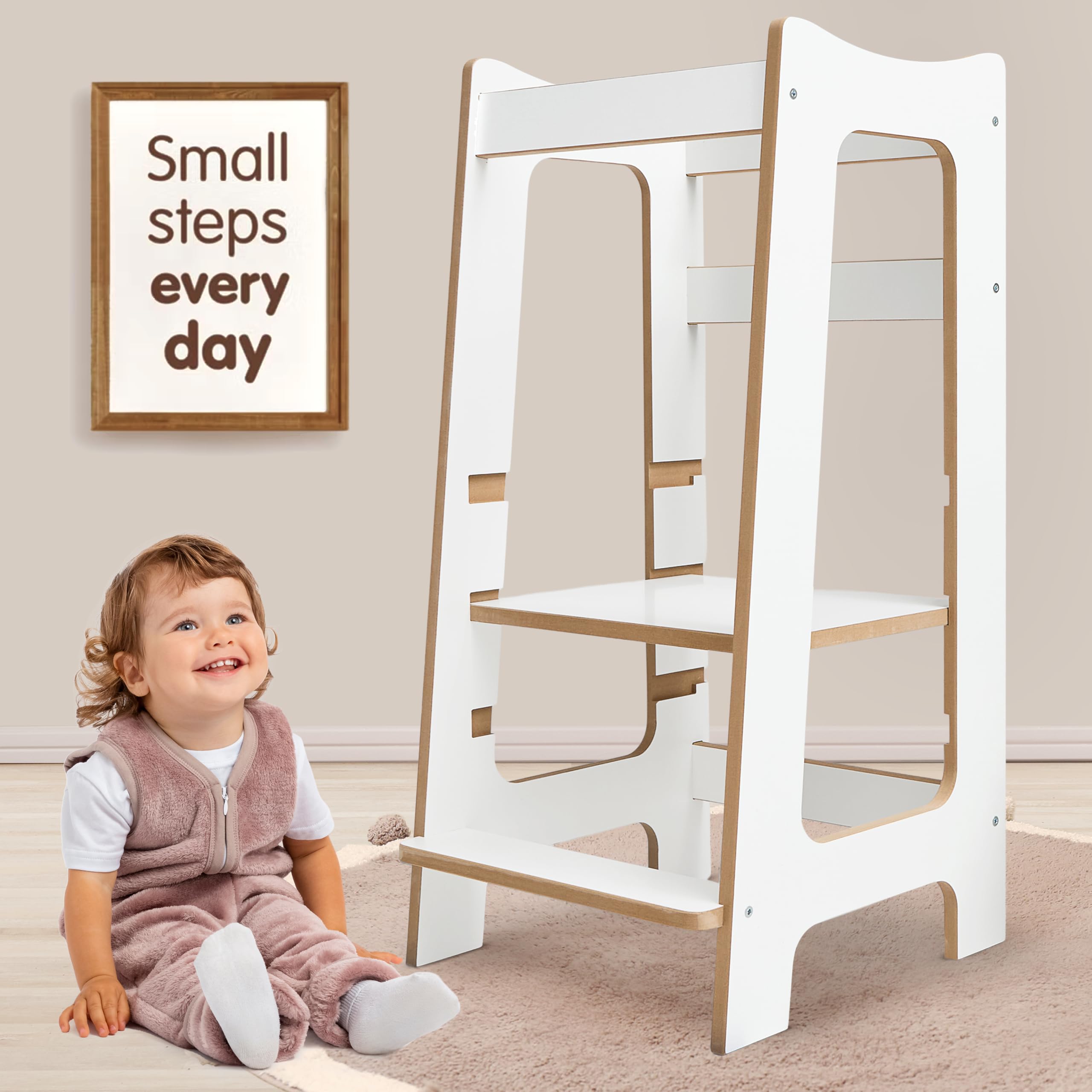 Love For Sleep White/Pine Montessori Learning Tower – Wooden Kitchen Step Stool, Safe Standing Helper Platform With 3 Adjustable Heights For Toddlers 2–6 Years ()