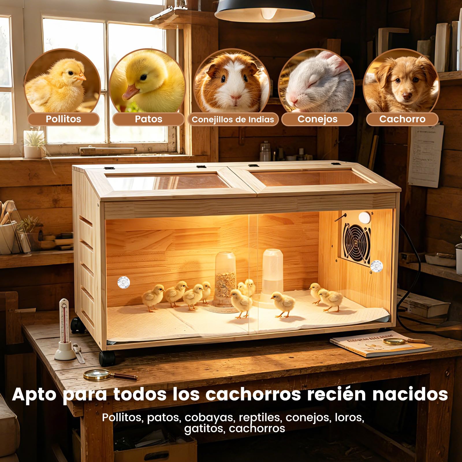 Criadora de Madera con termostato Inteligente,Caja incubadora de pollitoscon 4 Ruedas giratorias con Freno,Criadora con Puertas correderas,Incubadora fácil de Limpiar con ventilación para Pollitos